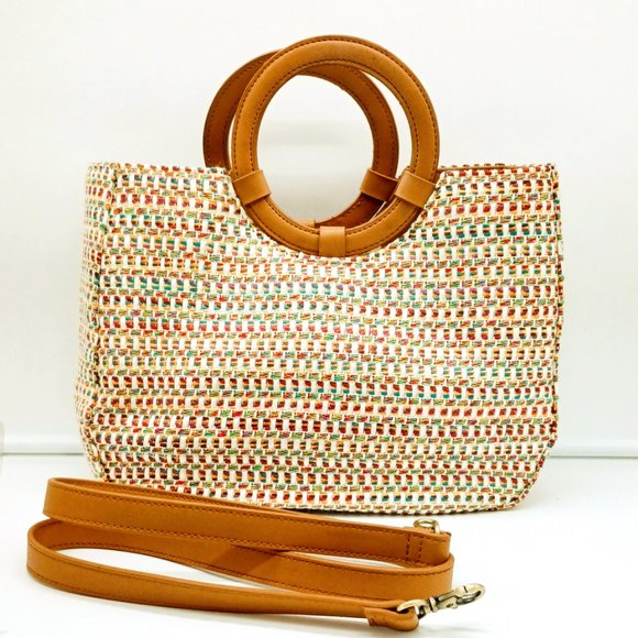 Fossil Handbags - Fossil Woven Multicolor Shoulder Bag.  Straw Spring Handbag Tan Leather Trim